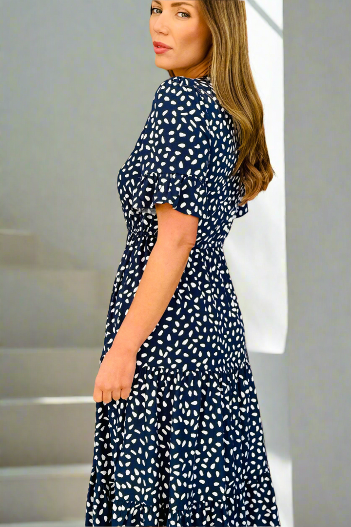 Jeannie Midi Dress in Navy and White Spot