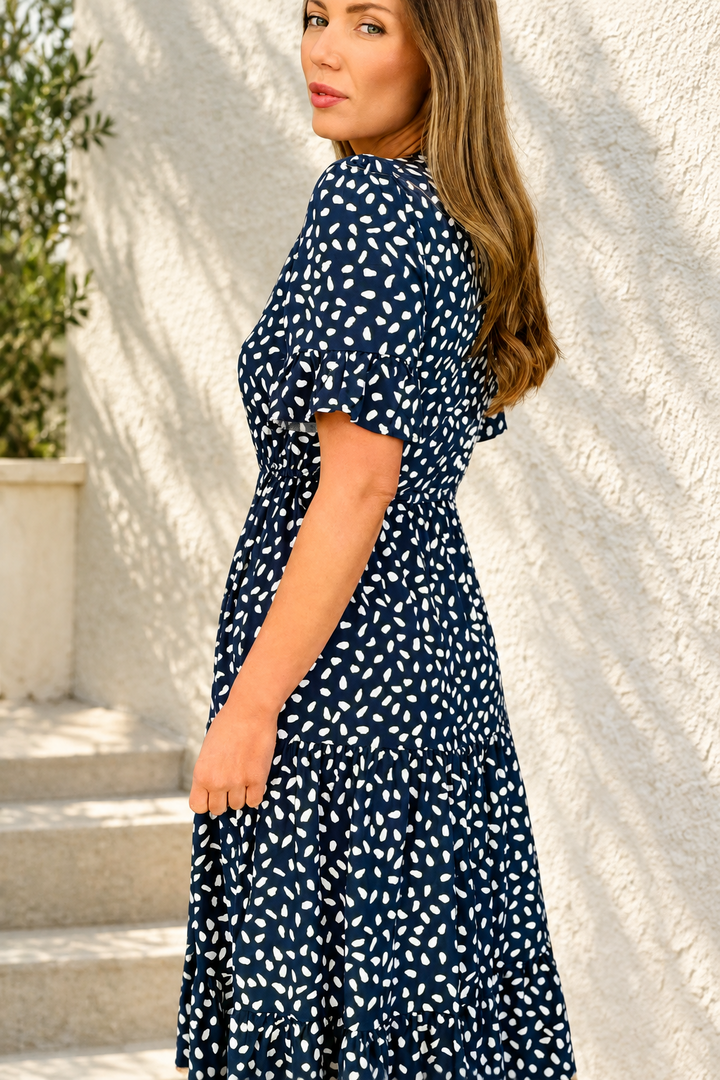 Jeannie Midi Dress in Navy and White Spot