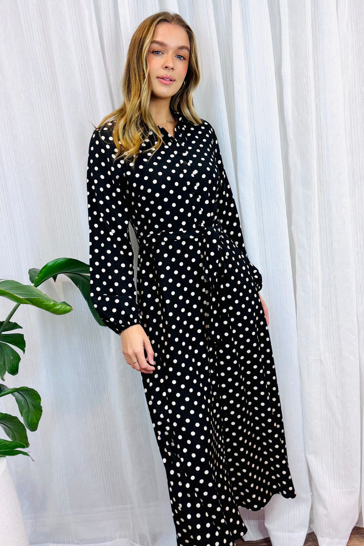 Tamika Polka Dot Dress in Black Long Sleeve