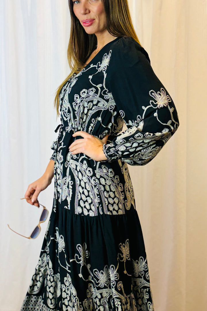 Davina Midi Dress in Black and White Print