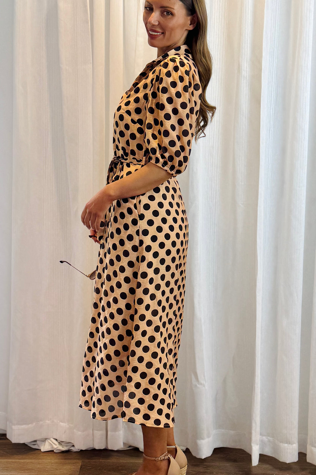 Fallon Polka Dot Shirt Dress in Tan