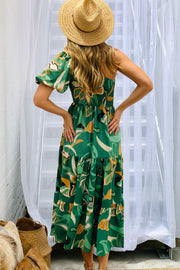 Priscilla One Shoulder Midi Dress in Green Multi Print