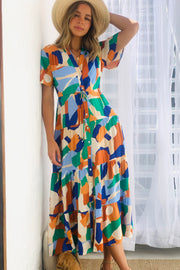 Alana Short Sleeve Midi  Dress in Multi Colour Print
