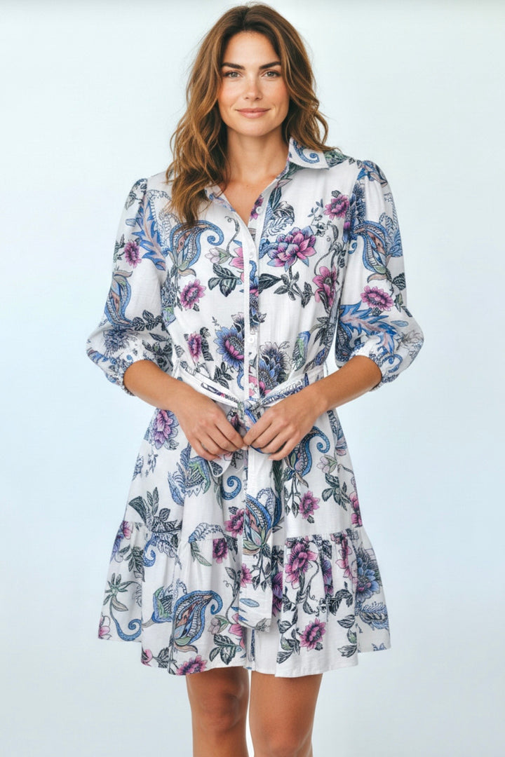 Macey Dress in Blue and Pink Print
