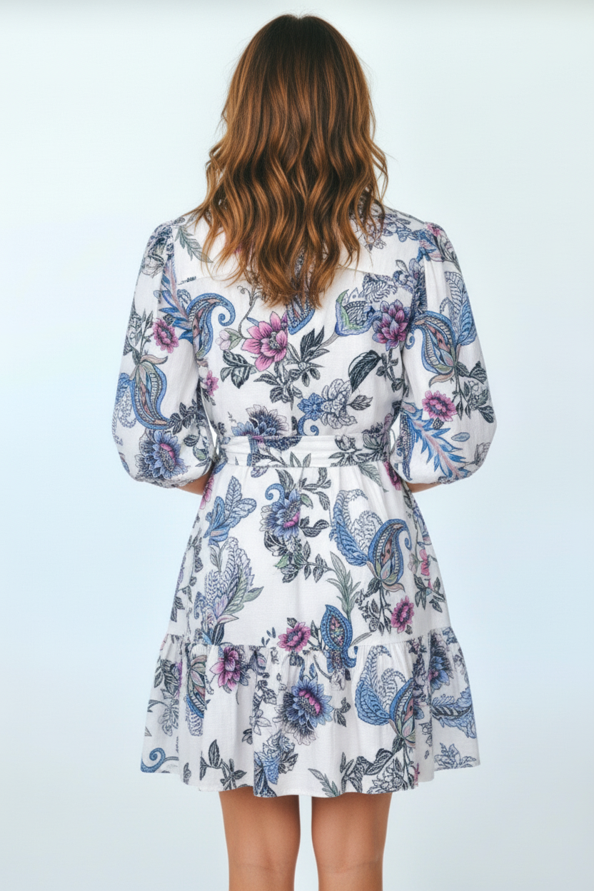 Macey Dress in Blue and Pink Print