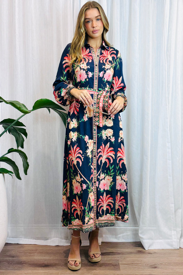 Maddison Long Sleeve Maxi Dress in Navy Print