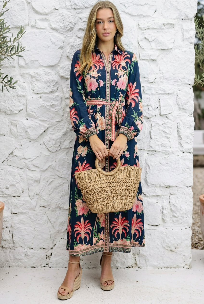 Maddison Long Sleeve Maxi Dress in Navy Print
