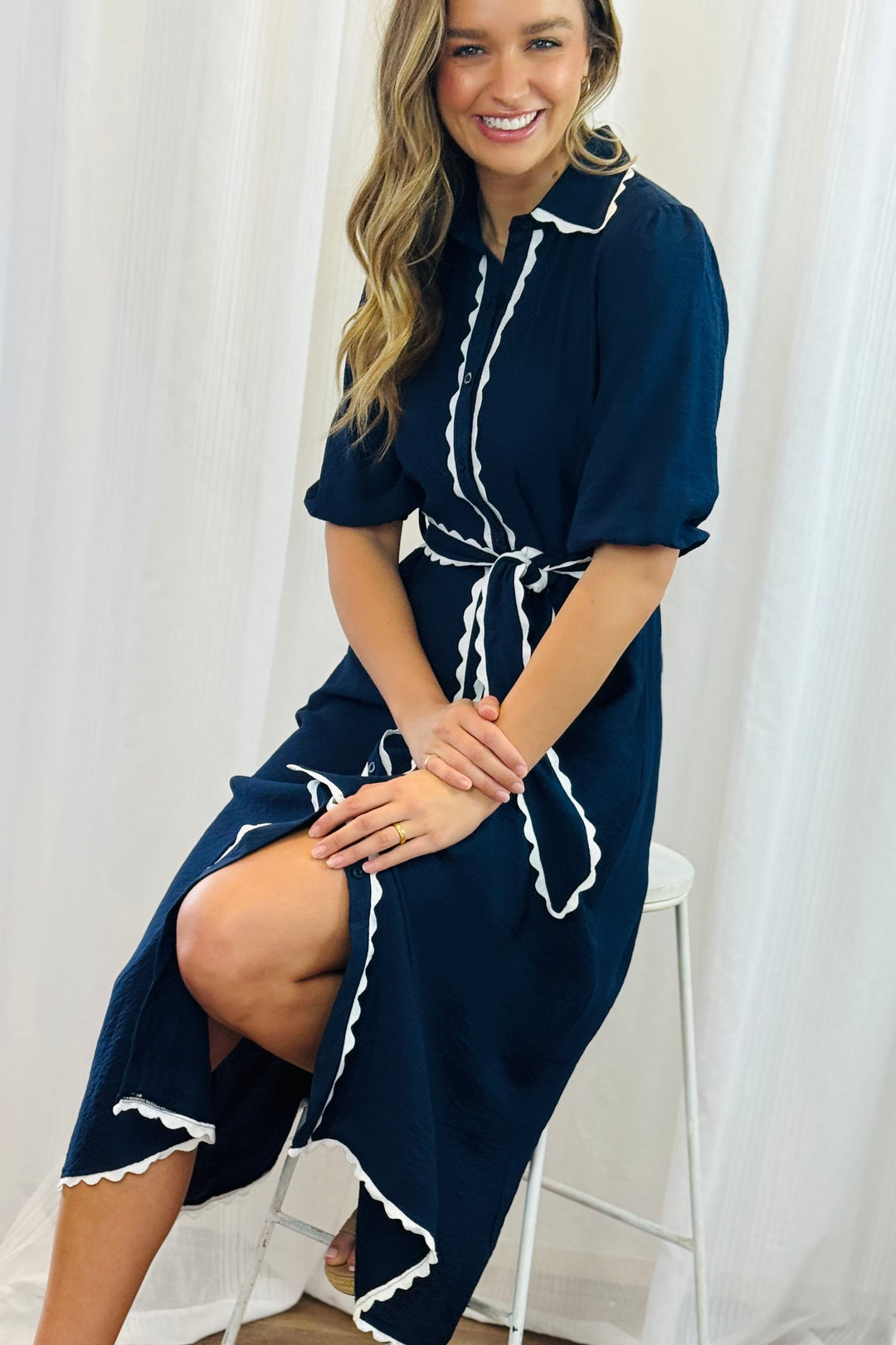 Shyla Dress in Navy with White Trimming