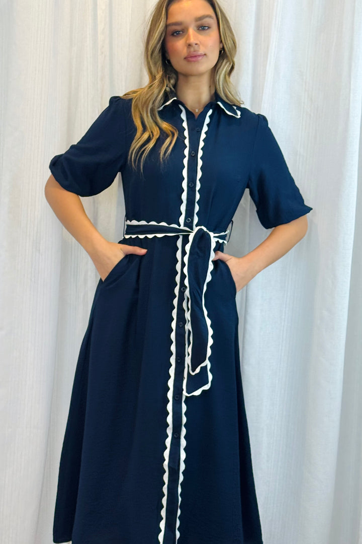 Shyla Dress in Navy with White Trimming