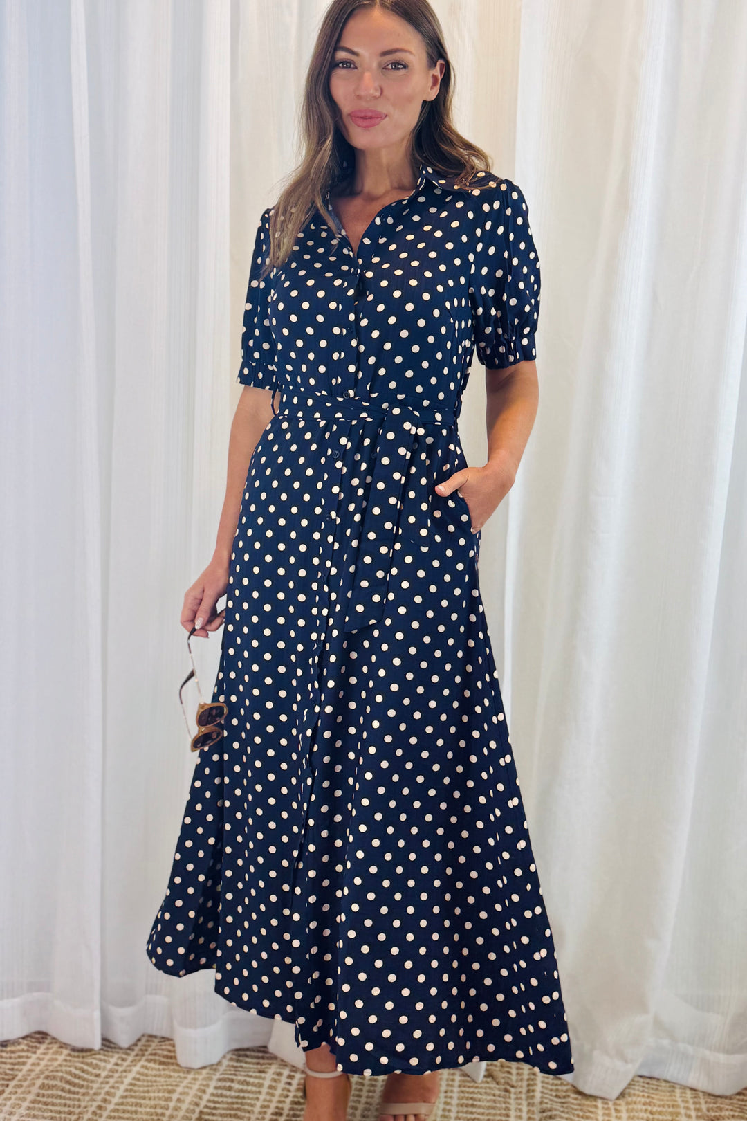 Tamika Spot Dress In Navy And Beige