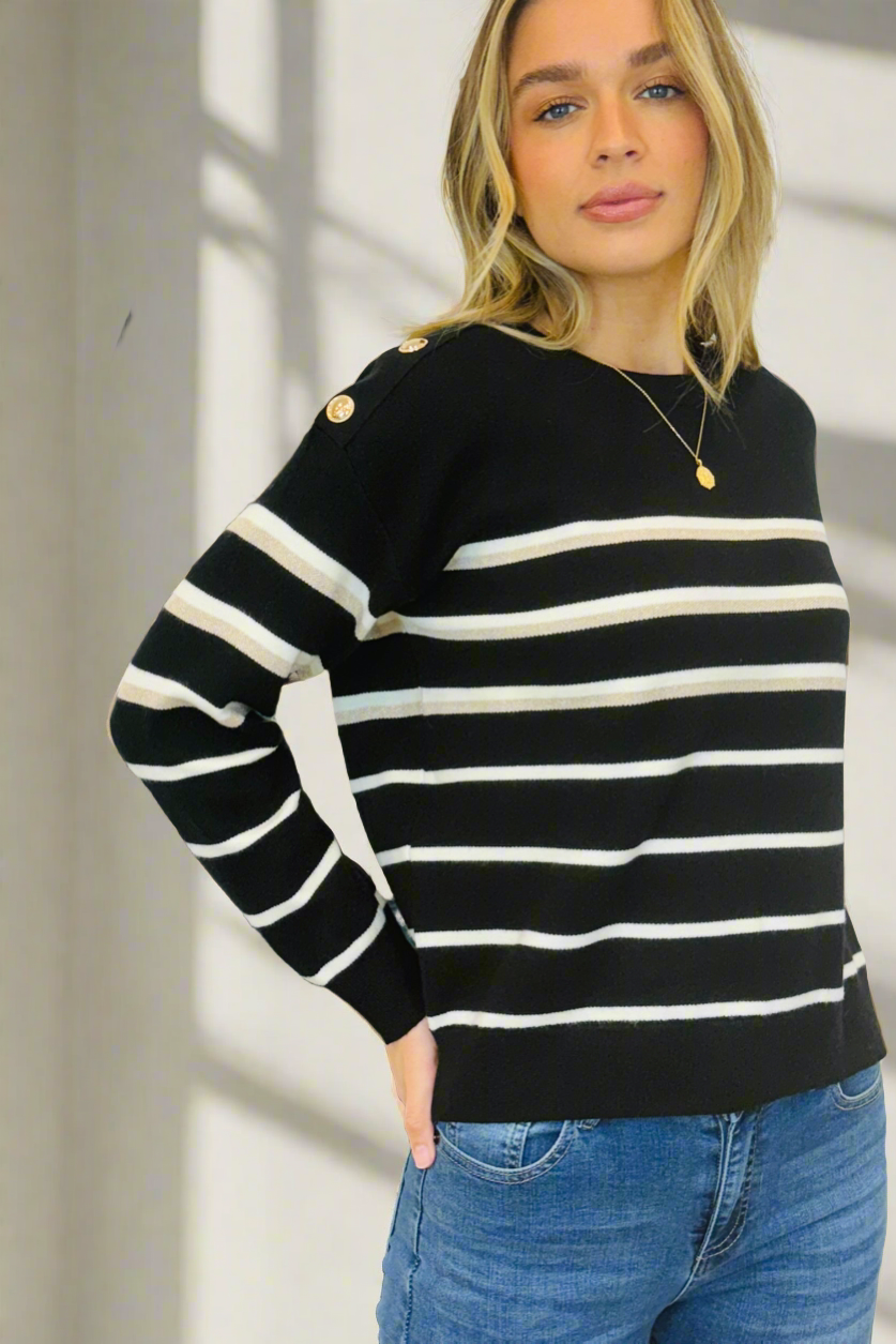 Carley Knit Top in Black and White Stripe with Gold Buttons