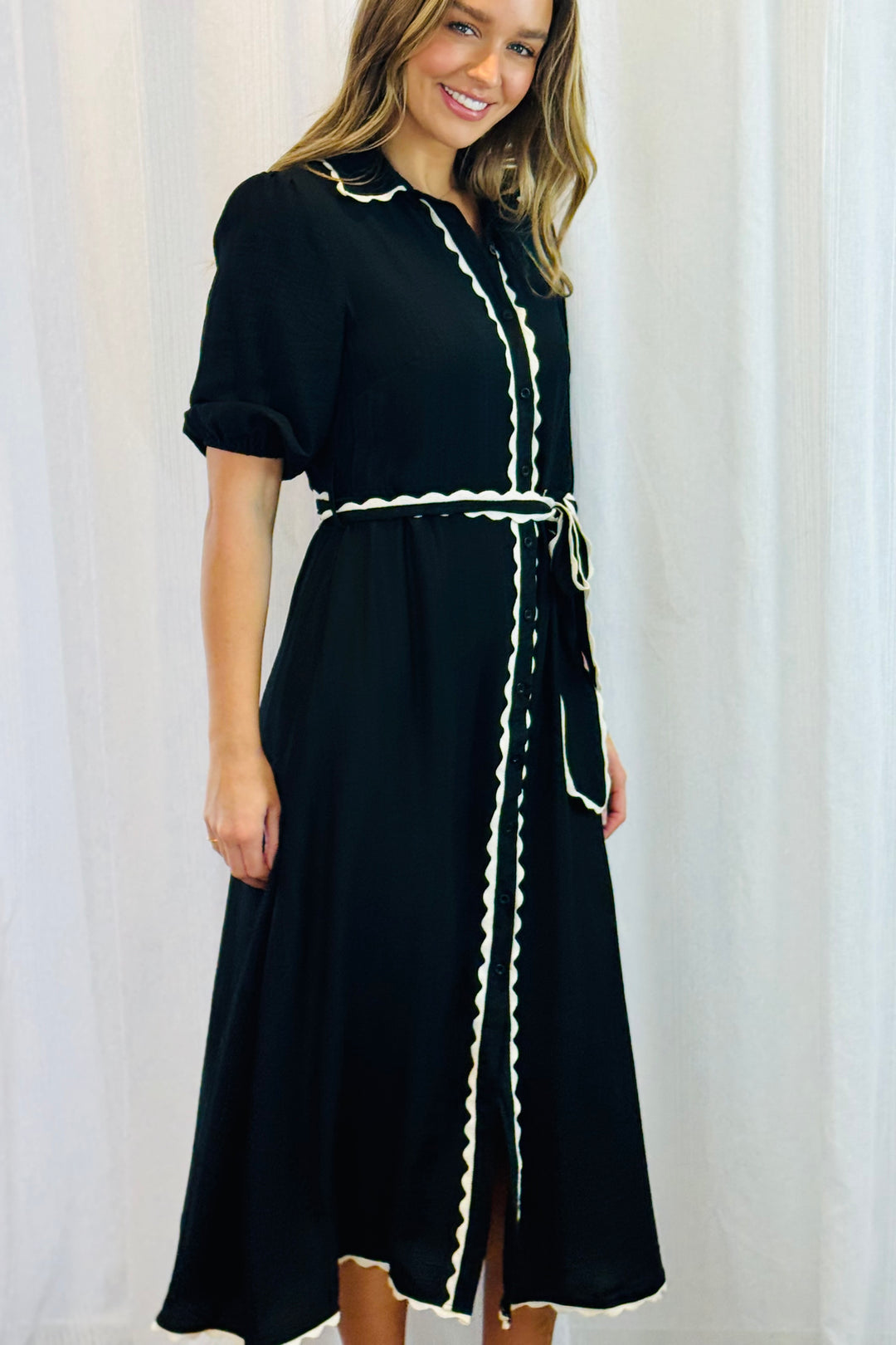 Shyla Shirt Dress in Black With White Trim
