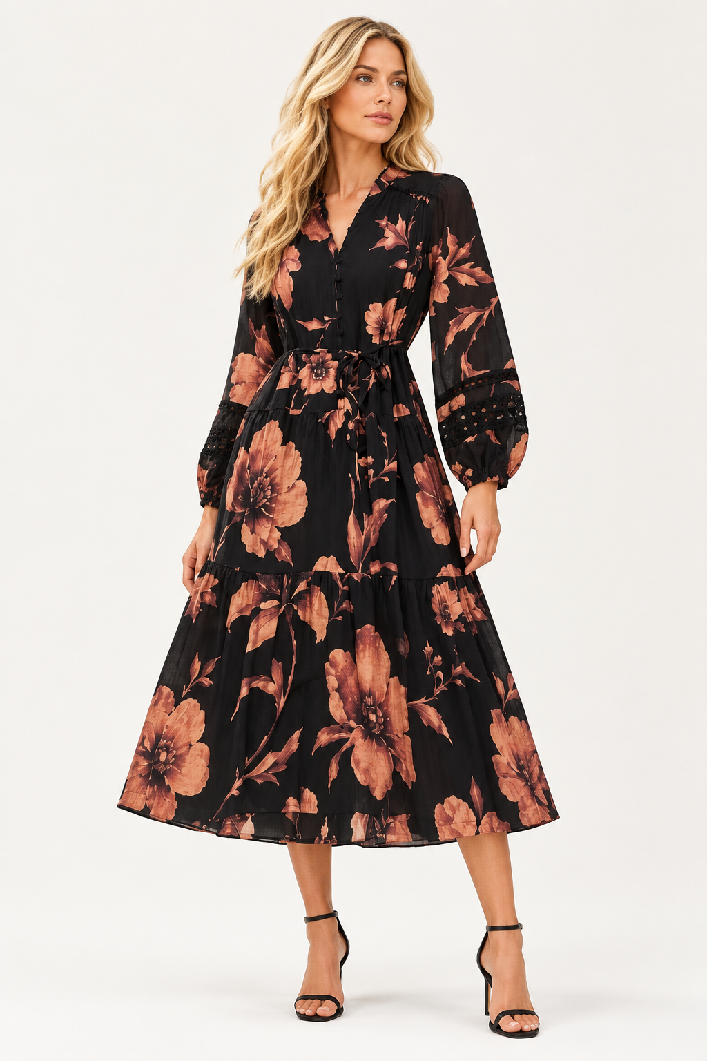Catia Black And Burnt Orange Floral Dress With lace Trim