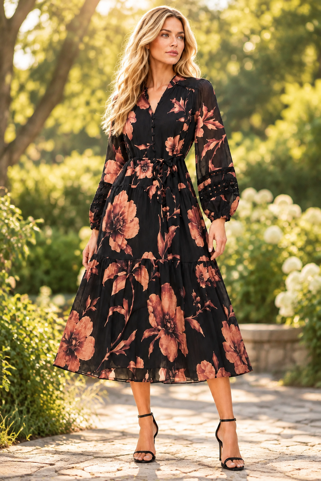 Catia Black And Burnt Orange Floral Dress With lace Trim
