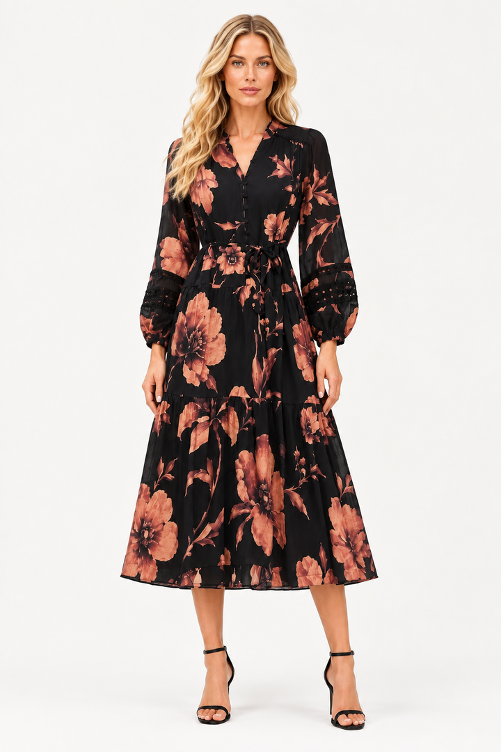 Catia Black And Burnt Orange Floral Dress With lace Trim