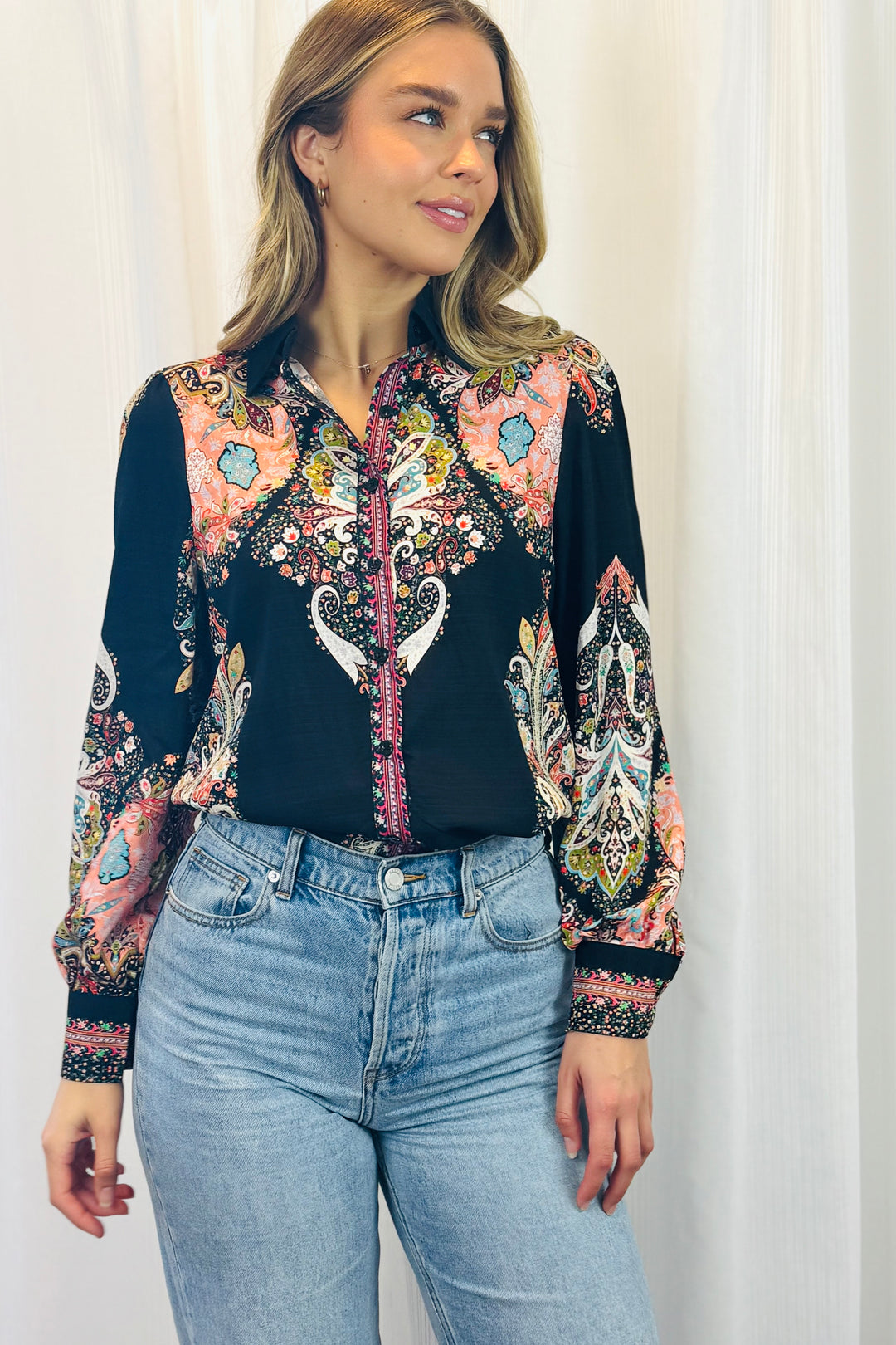 Gidget Embroidered Multi Print Shirt In Black