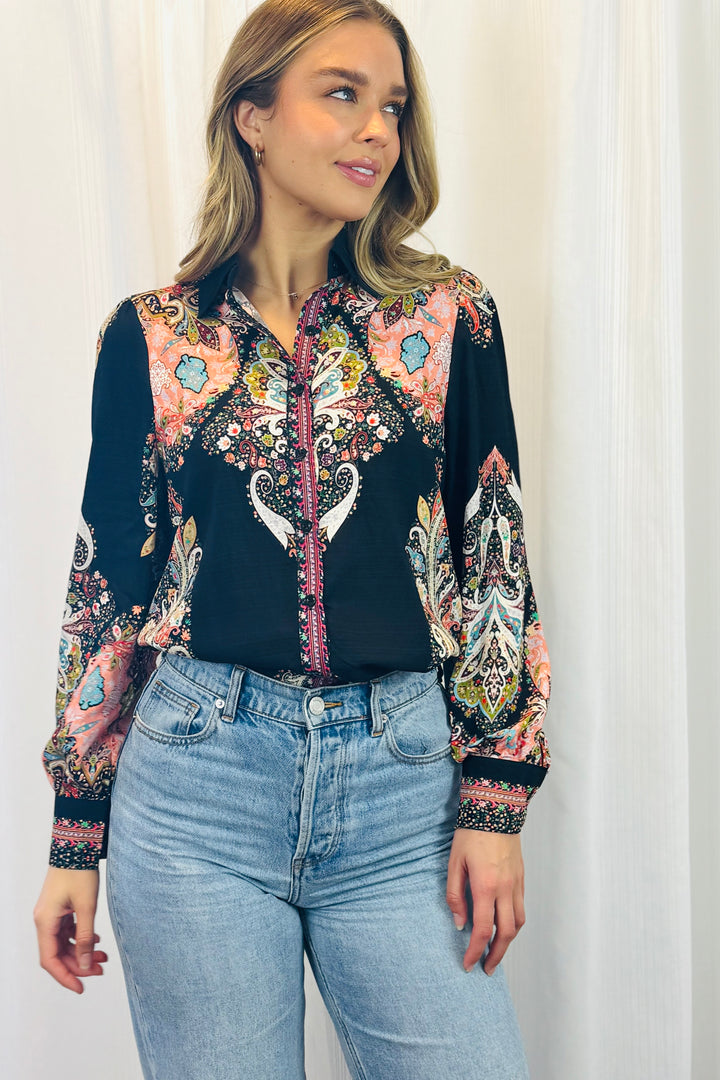 Gidget Embroidered Multi Print Shirt In Black