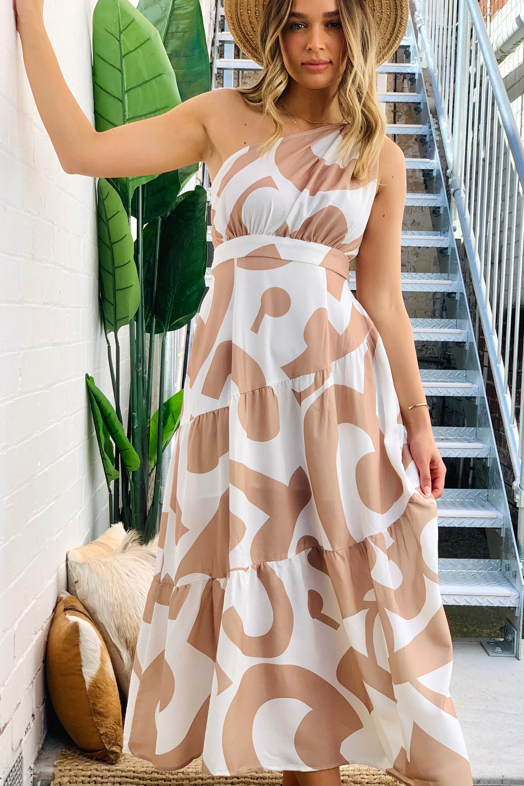 Yasmin One Shoulder Midi  Dress in nude print