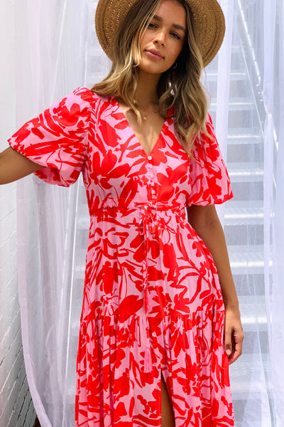 Lila Maxi Dress in Red and Pink Print