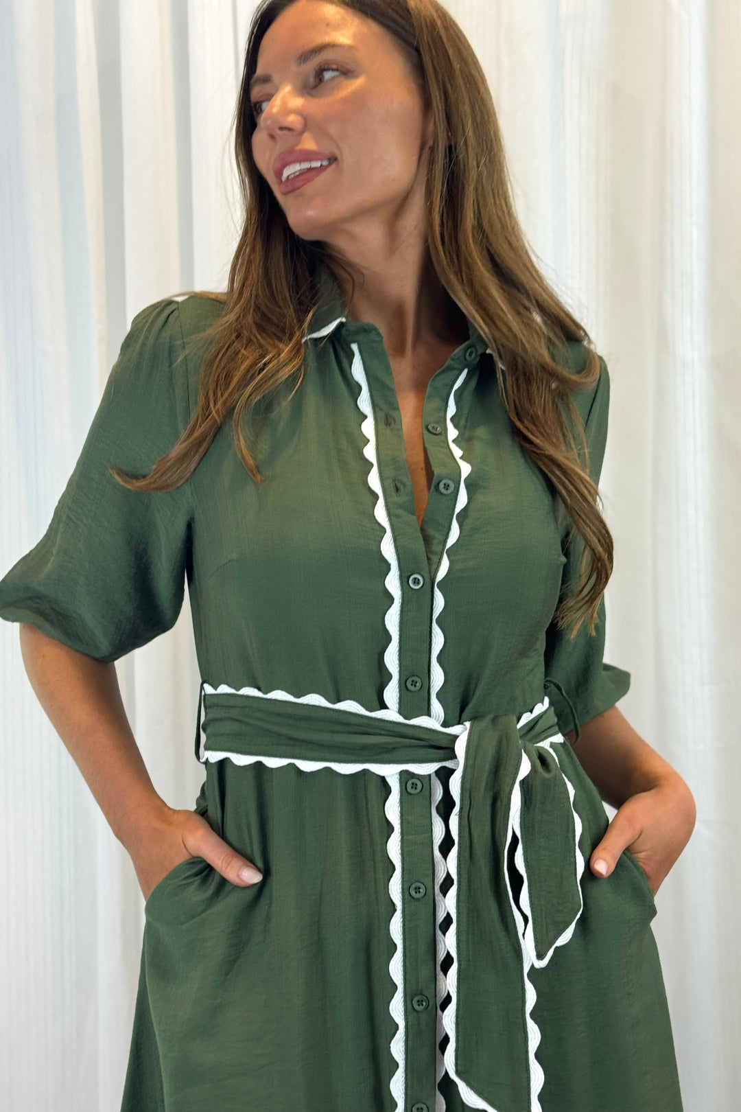 Shyla Shirt Dress in Khaki With White Trim