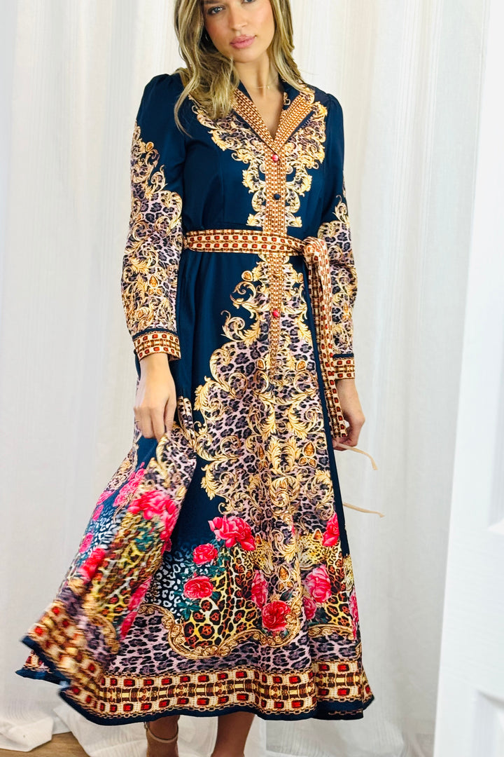 Catalina Navy Embroidered Print Maxi Dress