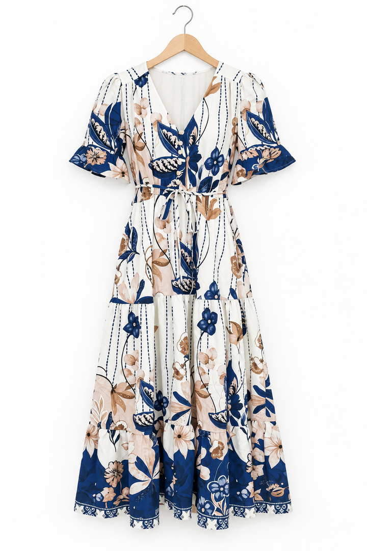 Becky Off White And Blue Print Dress