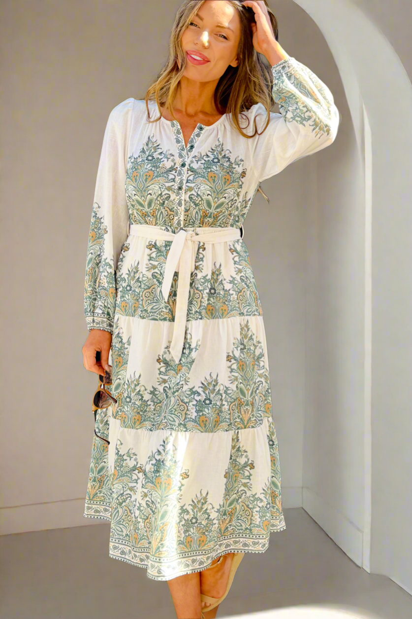 Vivienne Cream And Olive Multi Print Dress