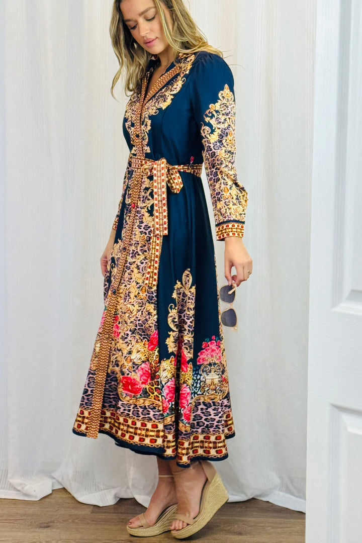 Catalina Navy Embroidered Print Maxi Dress