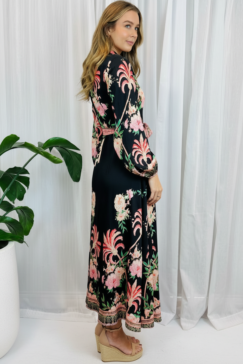 Maddison Palm Print Dress in Black Long Sleeve