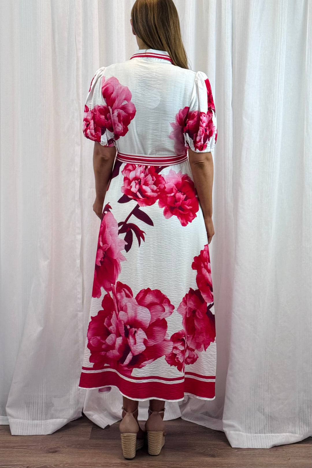 Natalia Maxi Dress in White Red and Pink Print