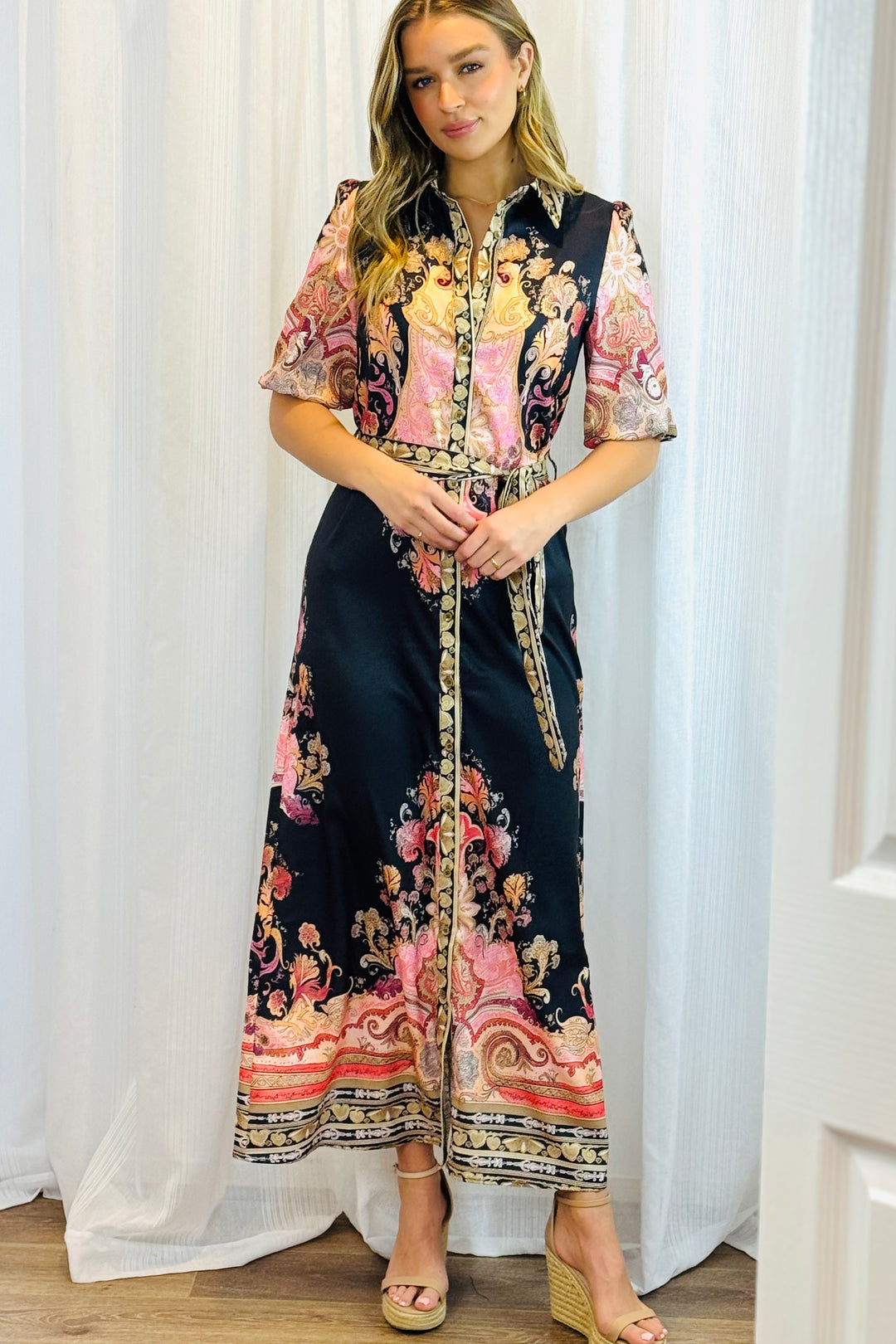 Portia Shirt Dress in Black Multi Print