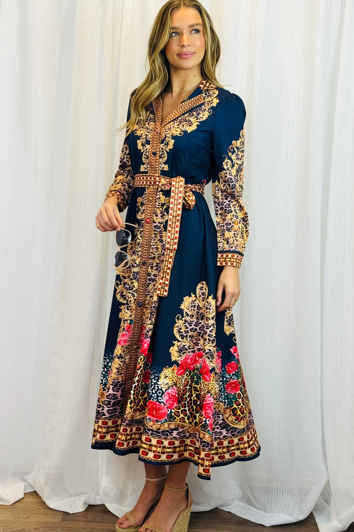 Catalina Navy Embroidered Print Maxi Dress