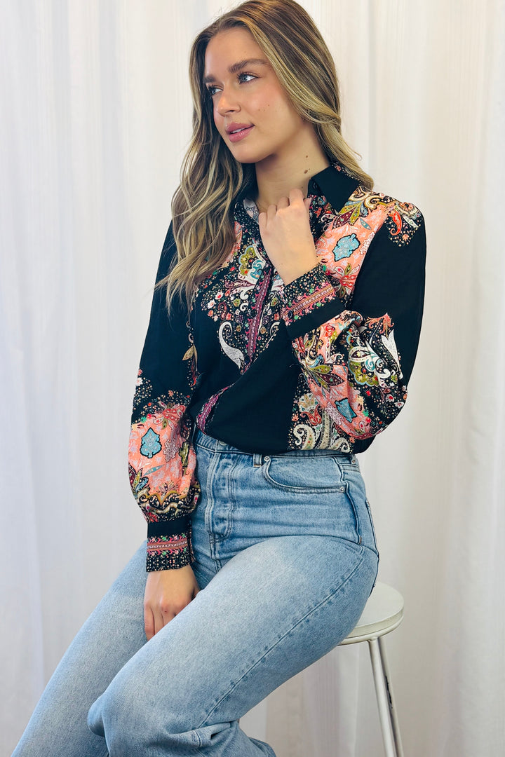Gidget Embroidered Multi Print Shirt In Black