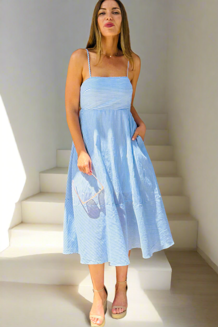 Morgan Blue and White Stipe Midi Dress