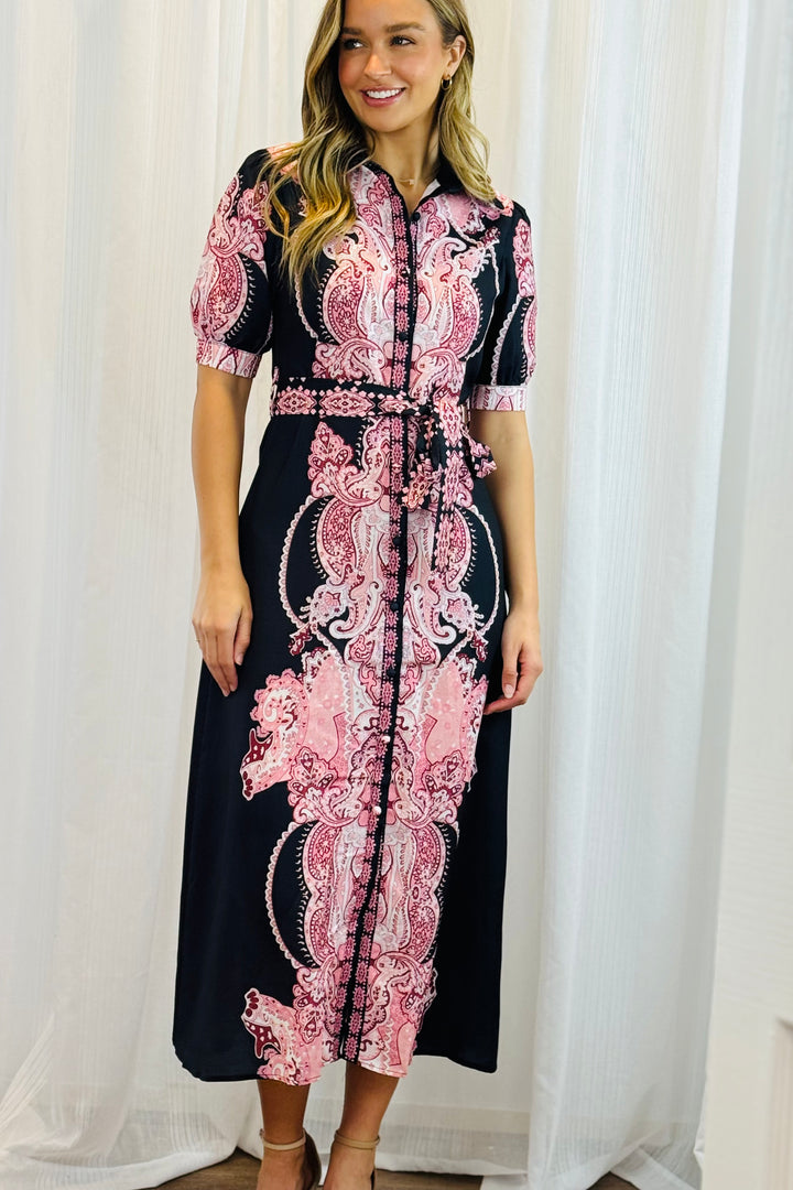Eden Short Sleeve Dress With Pink Embroidered Print.