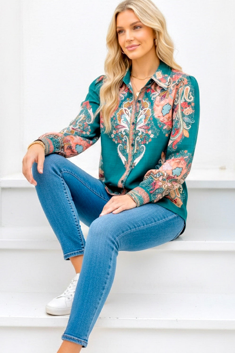 Gidget Embroidered Print  Shirt in Green