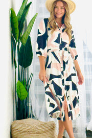 Khloe Shirt Midi Dress with 3/4 sleeves in Multi Print