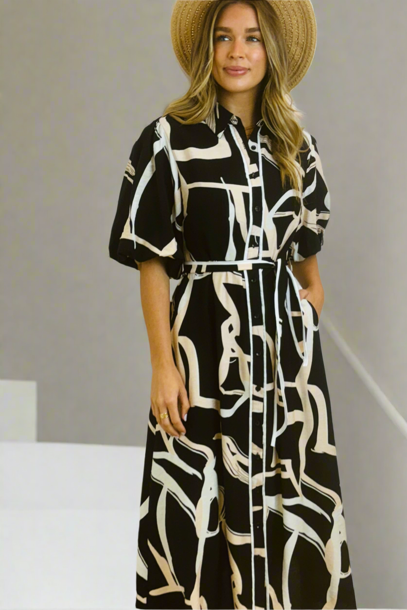 Leah Shirt Dress in New Black Print