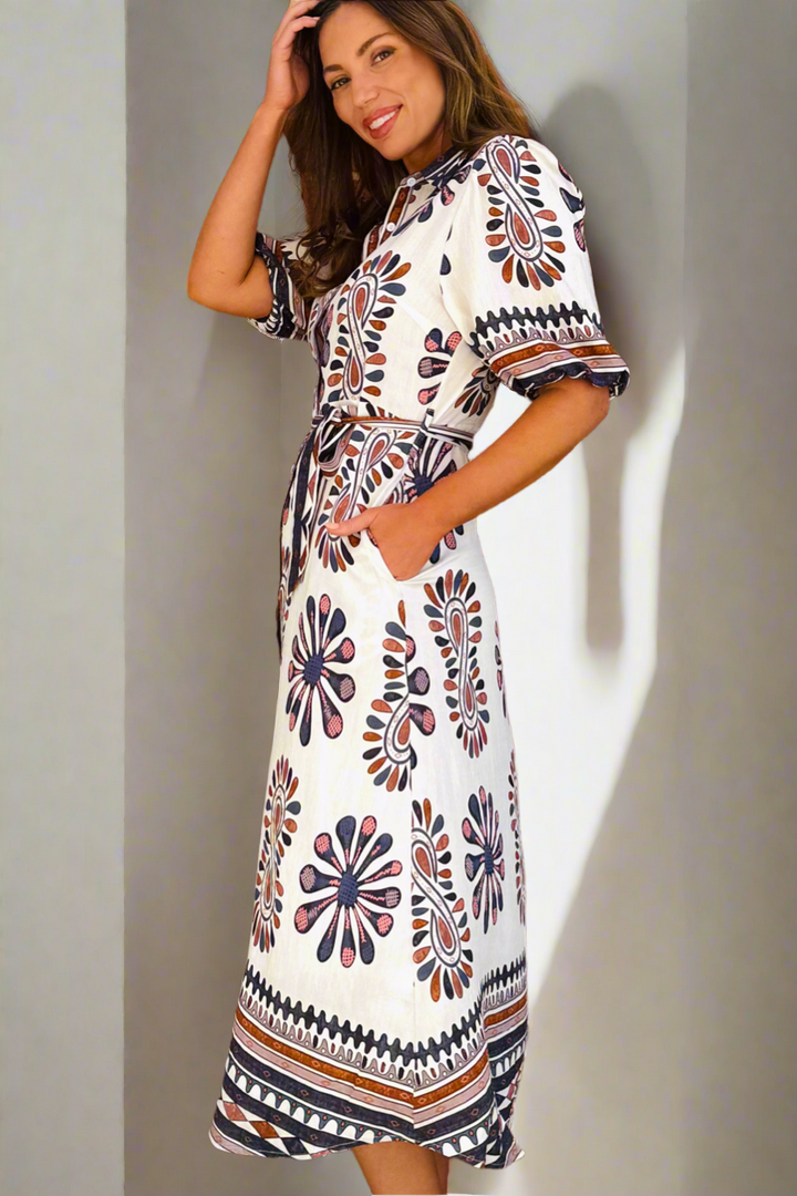 Campbell Midi Shirt Dress in Off White and Navy Print