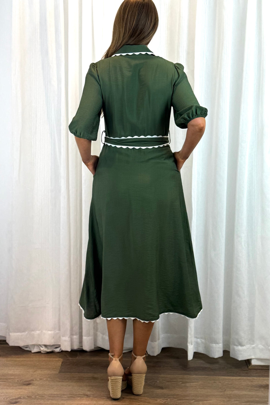 Shyla Shirt Dress in Khaki With White Trim