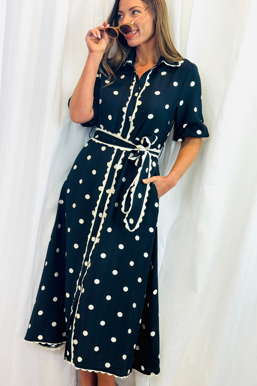 Shyla Black and Off White Polka Dot Dress