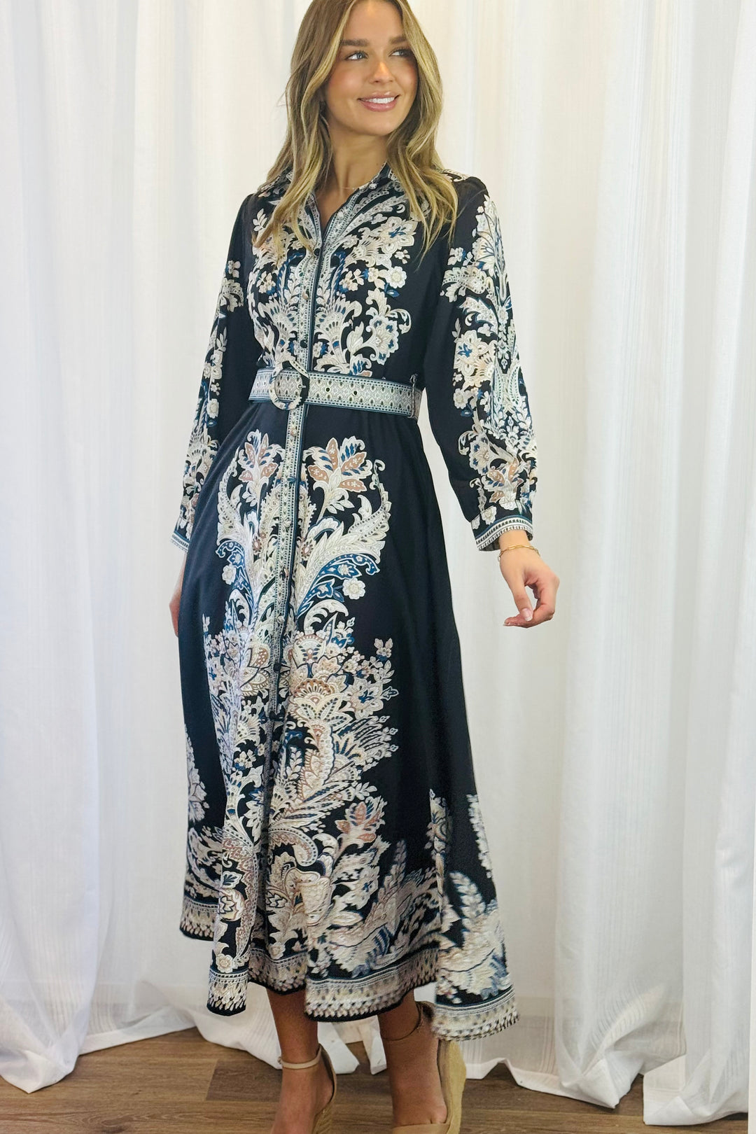Lopez Embroidered Print Maxi Dress in Black