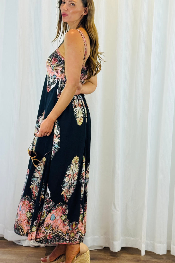 Positano Maxi in Black With Embroidery Multi Print