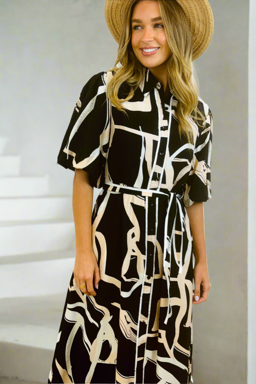 Leah Shirt Dress in New Black Print