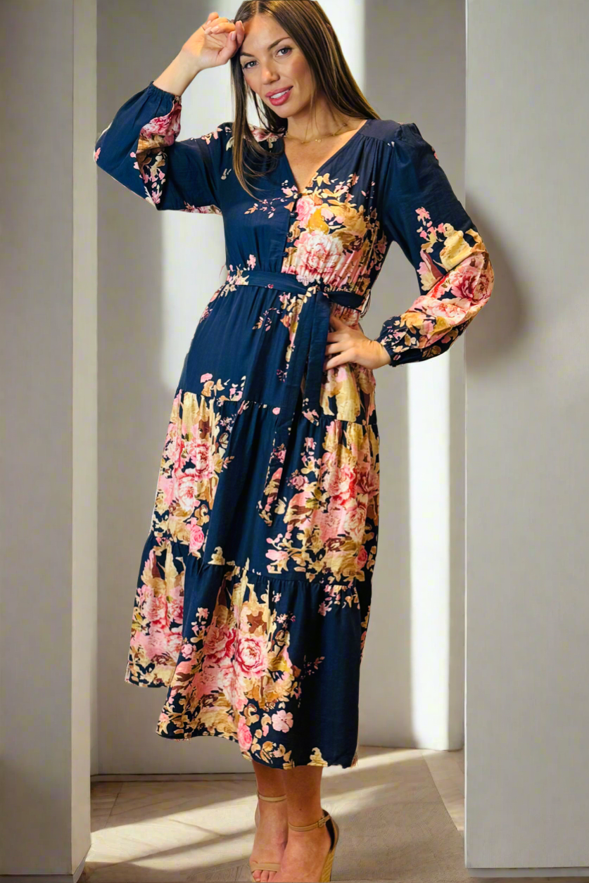 Zara Navy Floral Long Sleeve Dress