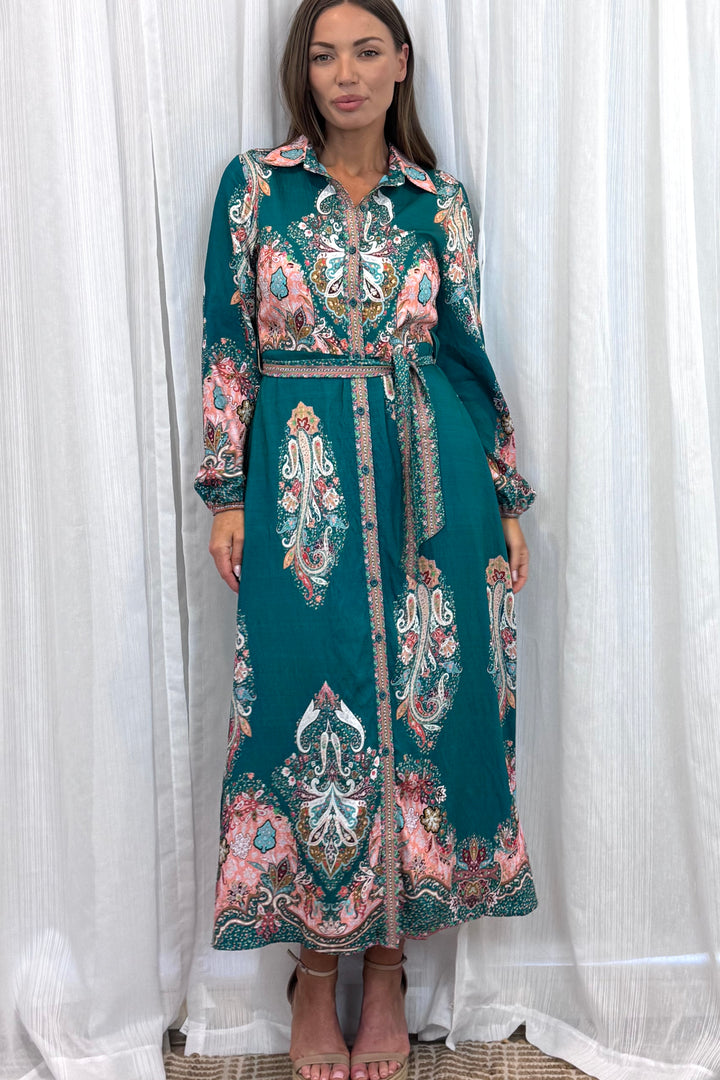 Gidget Dress  in Green Long Sleeve Print