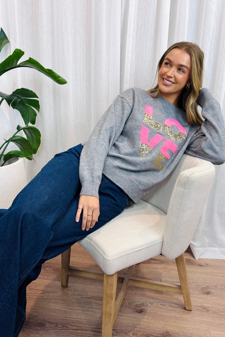 Nelly Love Sequin Detail Knit Top in Grey