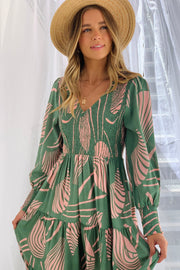 Audrey Long Sleeve Midi Dress in Green and Pink Print lo