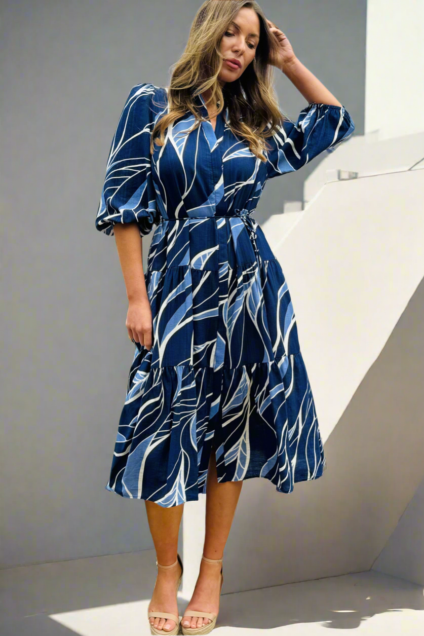 Vivienne Midi Dress  In Navy Print