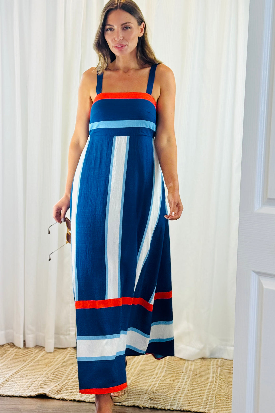 Yasmin Blue, White And Orange Stripe Midi
